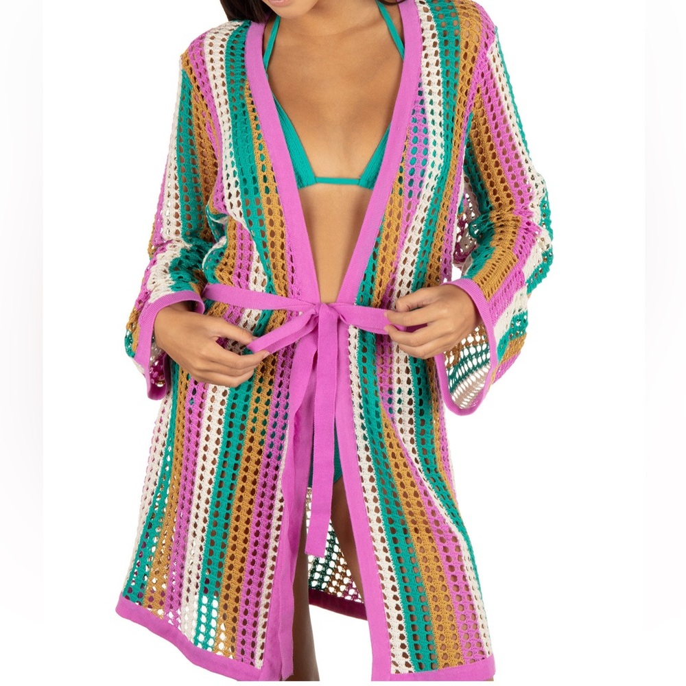Hurley Colorful Striped Knit coverup  with Belt - Picture 2 of 2